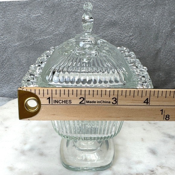 Vintage Clear Indiana Glass Lidded Candy Dish Lace Edge Heart Pedestal Compote - Picture 9 of 10